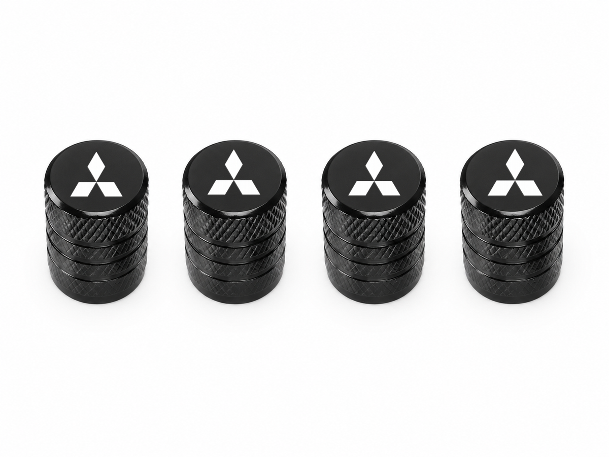 Set 4 Capacele Ventil Auto din Aluminiu cu Sigla Mitsubishi (Emblema Alba) - Negru