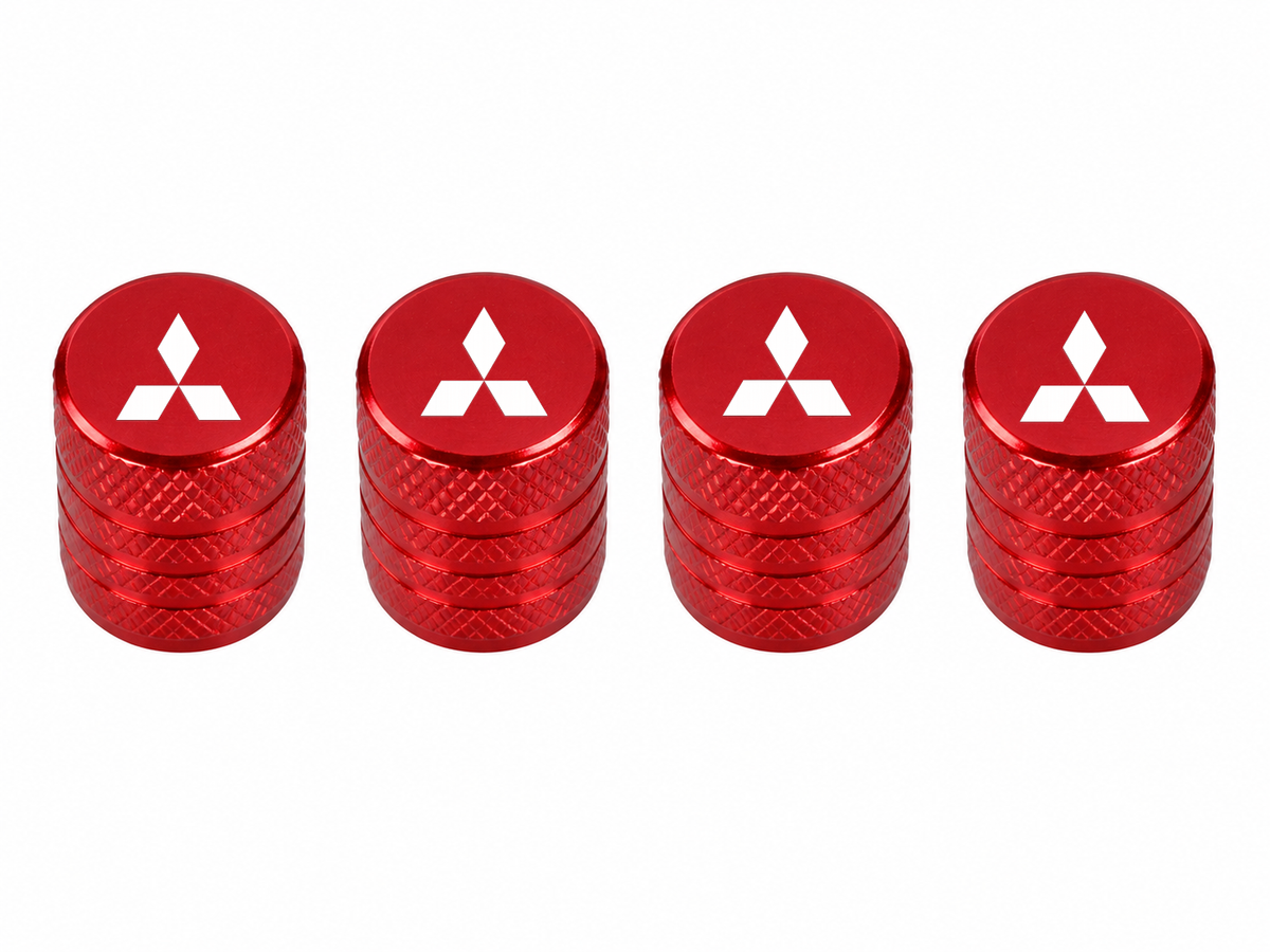 Set 4 Capacele Ventil Auto din Aluminiu cu Sigla Mitsubishi (Emblema Alba) - Rosu