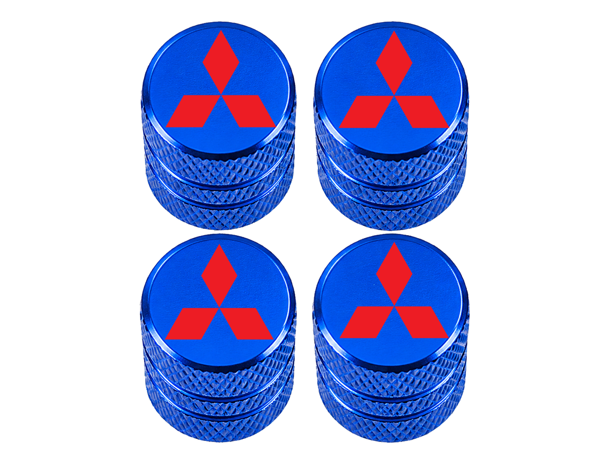 Set 4 Capacele Ventil Auto din Aluminiu cu Sigla Mitsubishi (Emblema Rosie) - Albastru