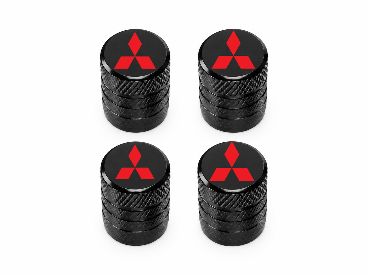 Set 4 Capacele Ventil Auto din Aluminiu cu Sigla Mitsubishi (Emblema Rosie) - Negru
