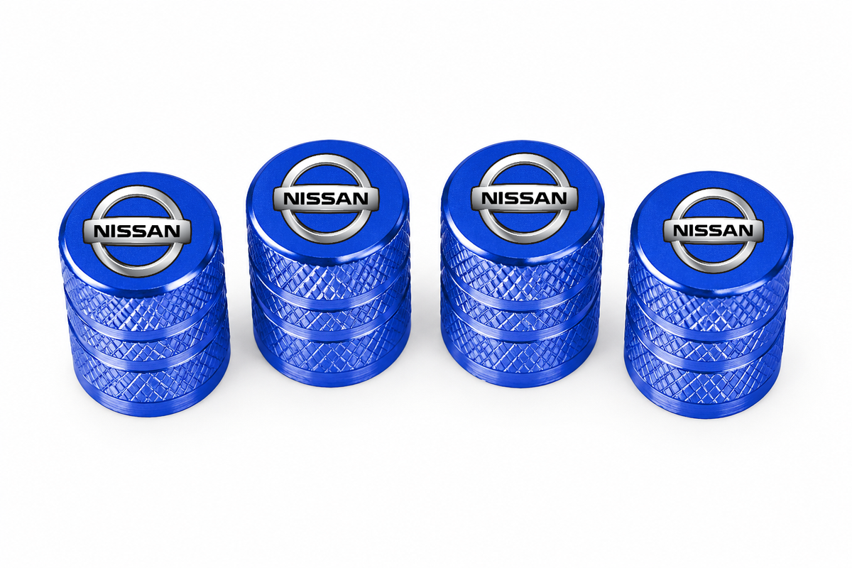 Set 4 Capacele Ventil Auto din Aluminiu cu Sigla Nissan - Albastru