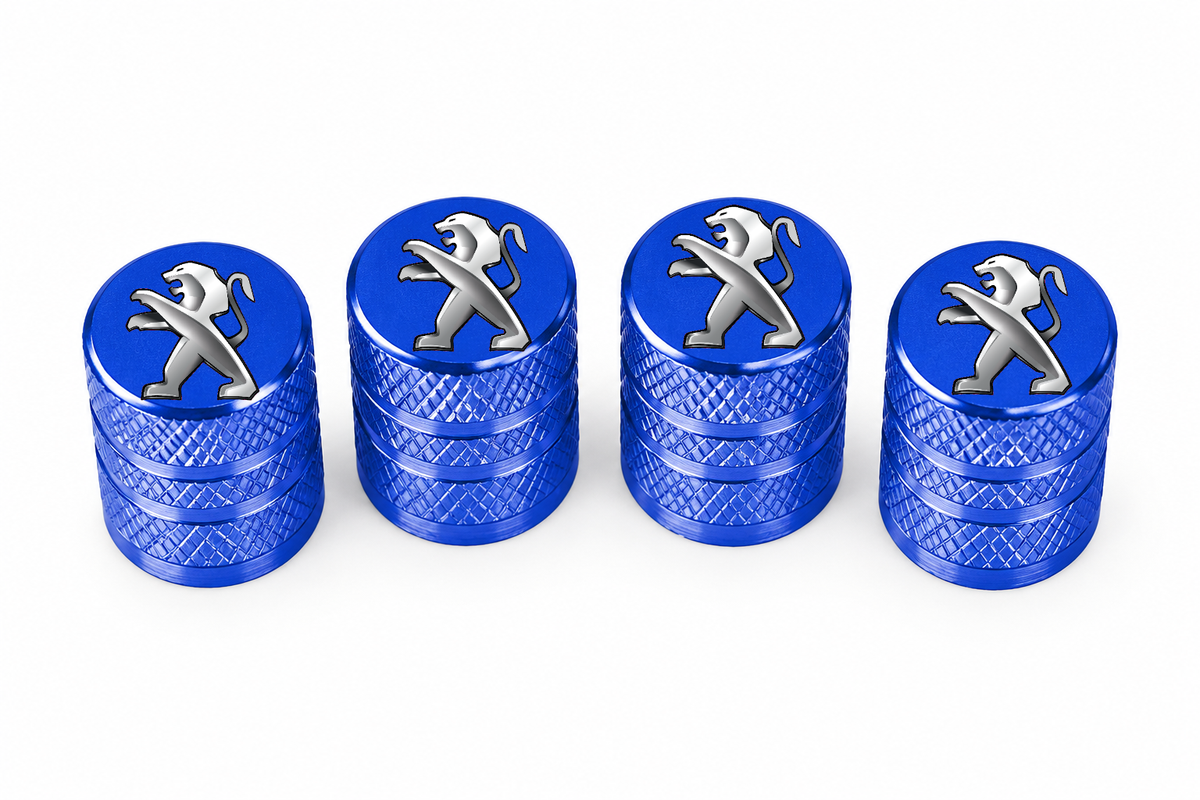 Set 4 Capacele Ventil Auto din Aluminiu cu Sigla Peugeot - Albastru
