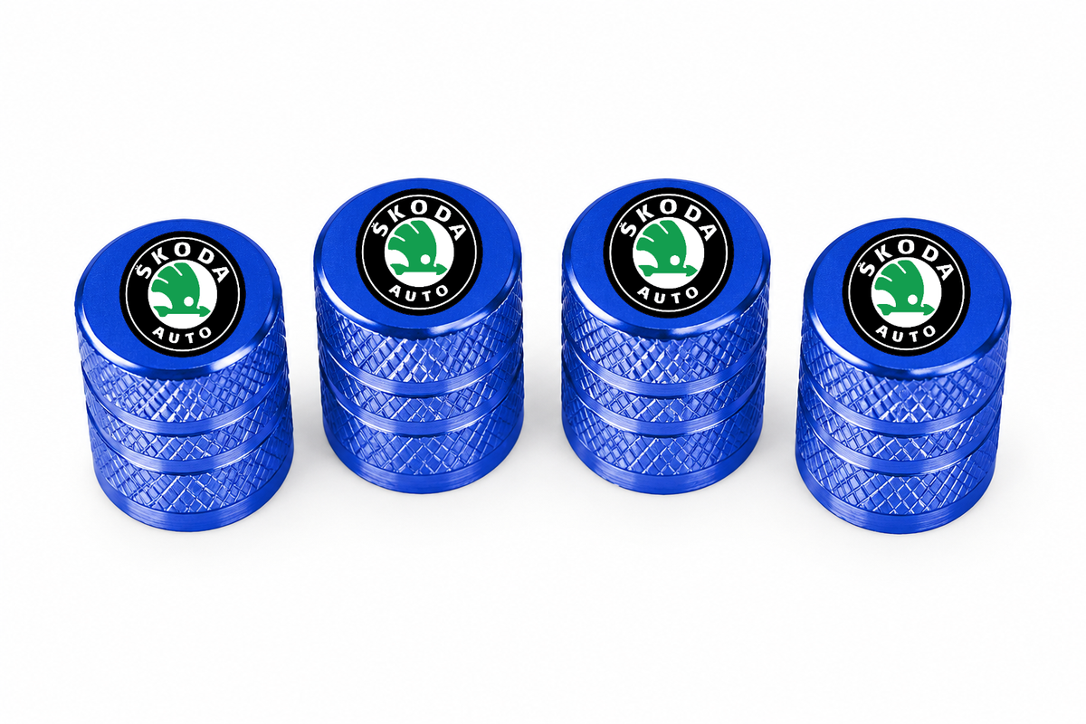 Set 4 Capacele Ventil Auto din Aluminiu cu Sigla Skoda - Albastru