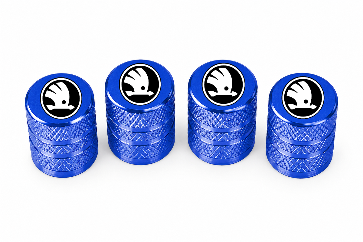 Set 4 Capacele Ventil Auto din Aluminiu cu Sigla Skoda (Sigla Noua) - Albastru