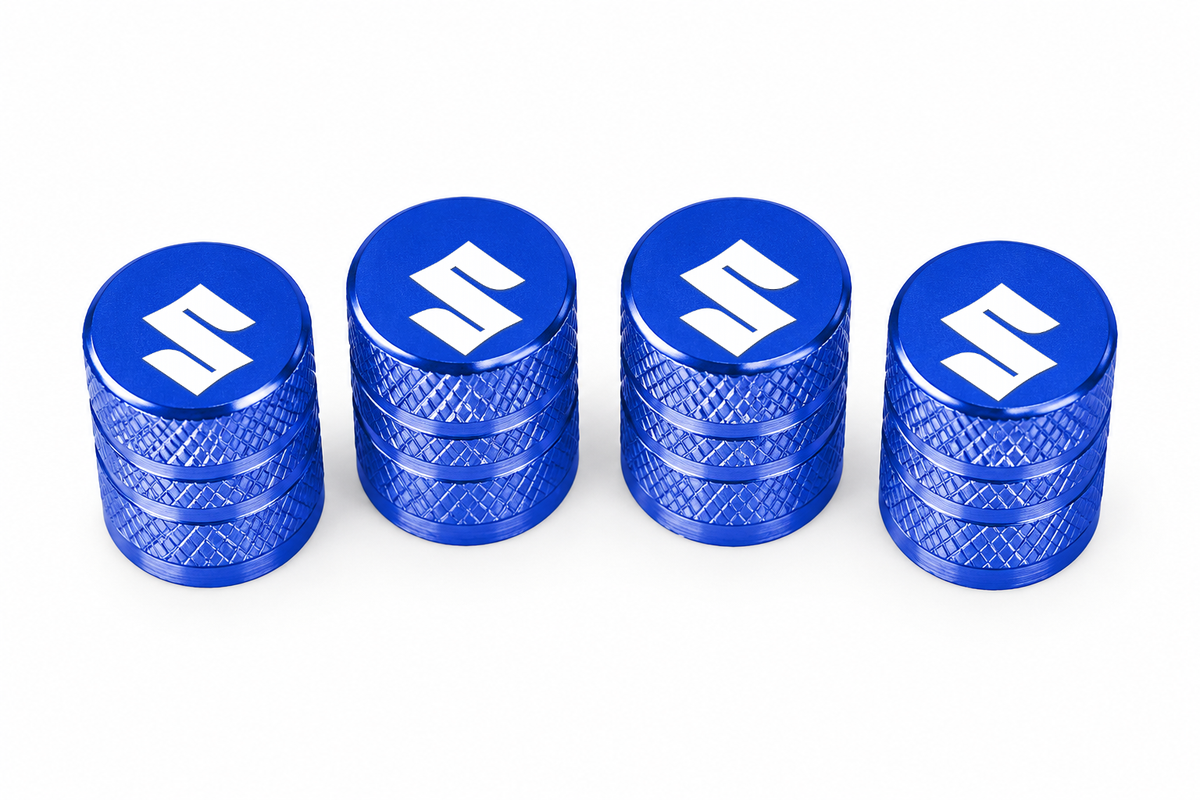 Set 4 Capacele Ventil Auto din Aluminiu cu Sigla Suzuki (Emblema Alba) - Albastru