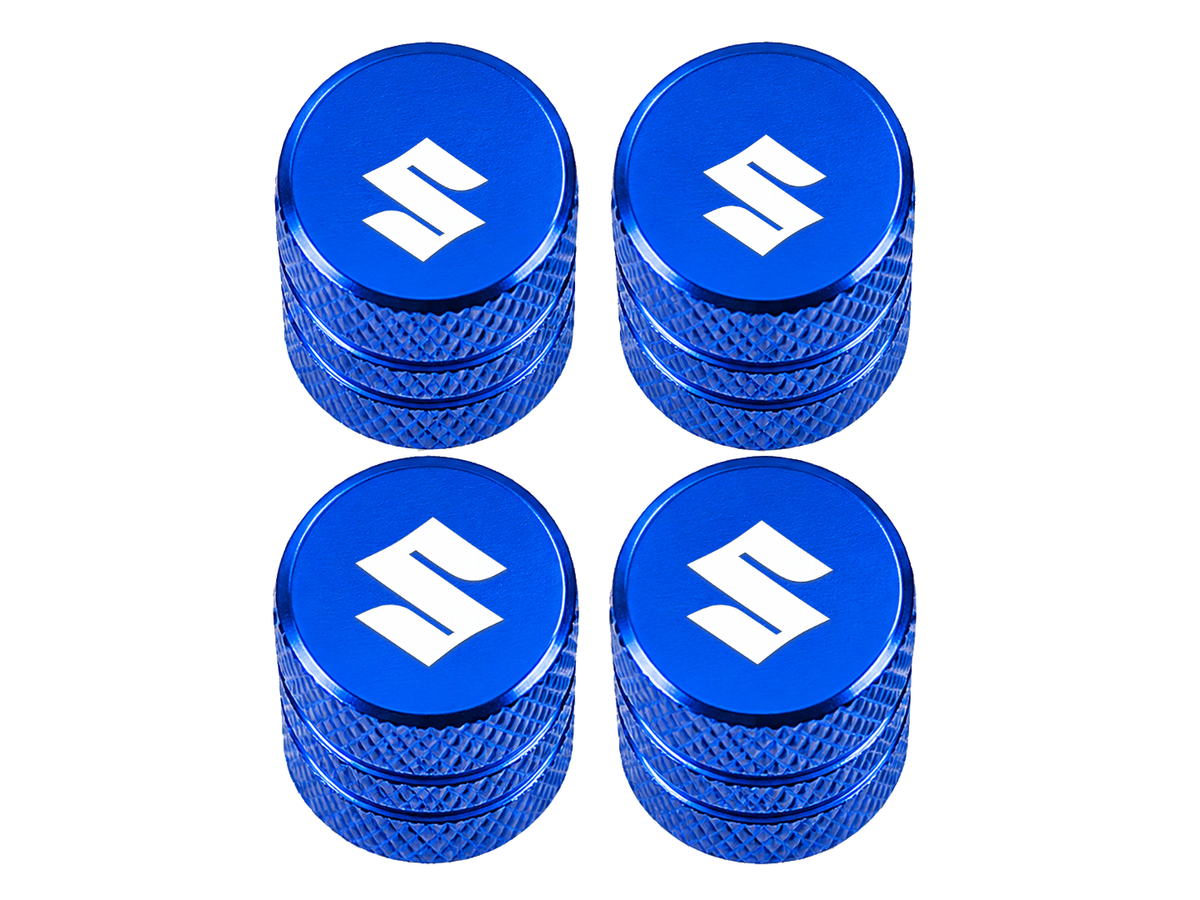 Set 4 Capacele Ventil Auto din Aluminiu cu Sigla Suzuki (Emblema Alba) - Albastru