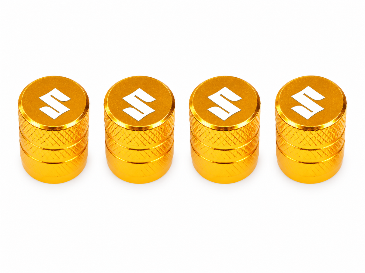 Set 4 Capacele Ventil Auto din Aluminiu cu Sigla Suzuki (Emblema Alba) - Gold