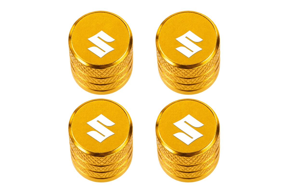 Set 4 Capacele Ventil Auto din Aluminiu cu Sigla Suzuki (Emblema Alba) - Gold