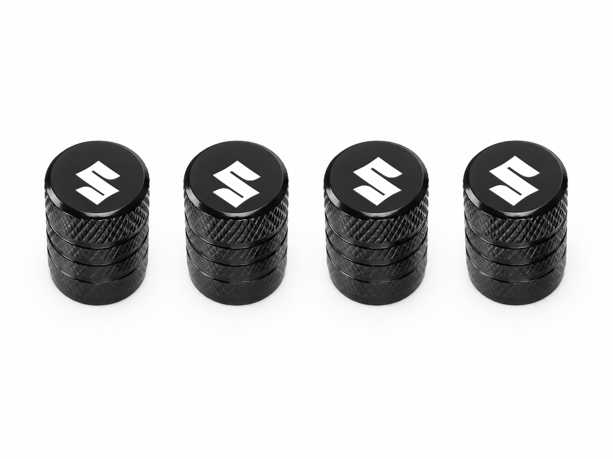 Set 4 Capacele Ventil Auto din Aluminiu cu Sigla Suzuki (Emblema Alba) - Negru