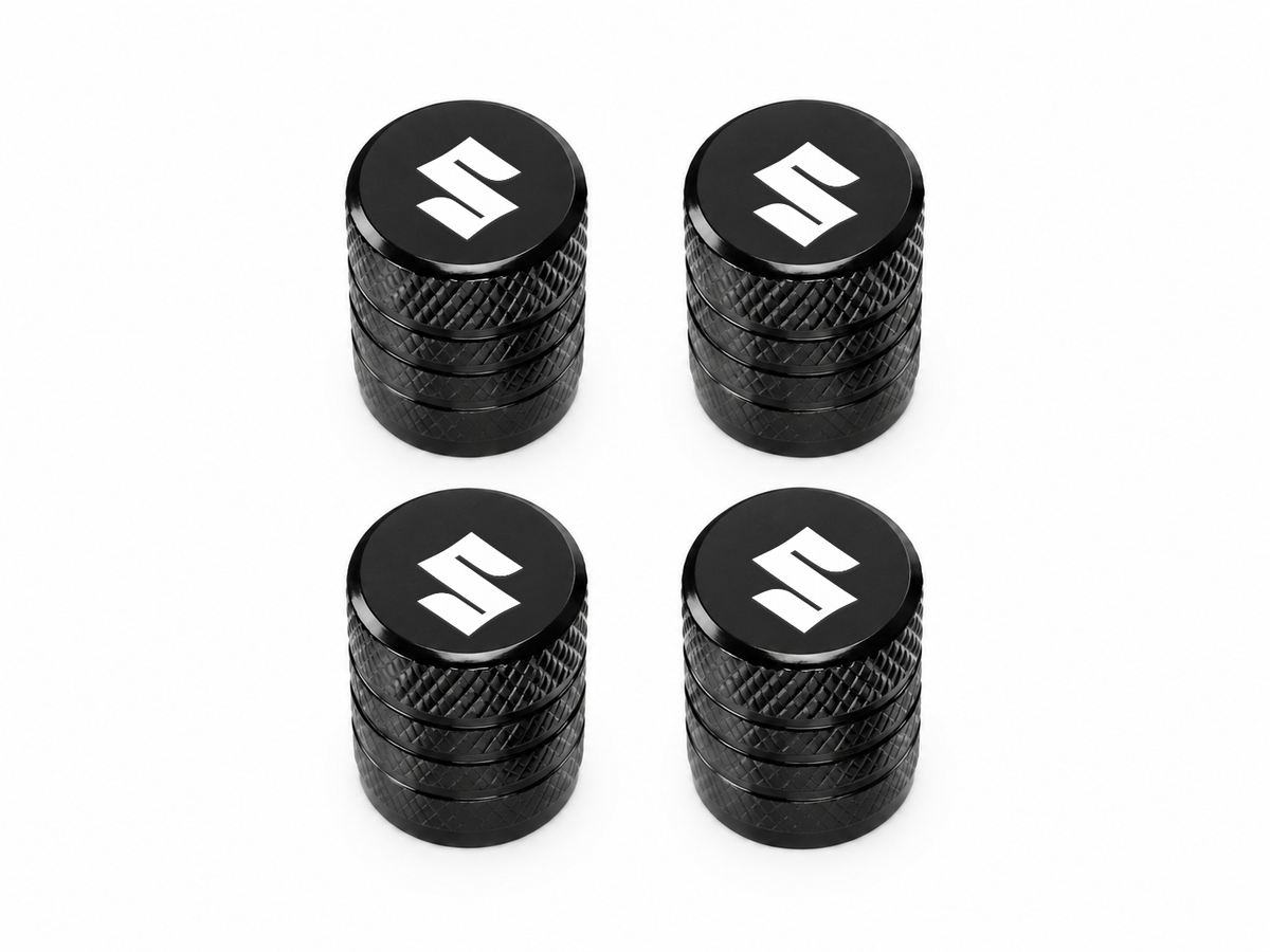 Set 4 Capacele Ventil Auto din Aluminiu cu Sigla Suzuki (Emblema Alba) - Negru