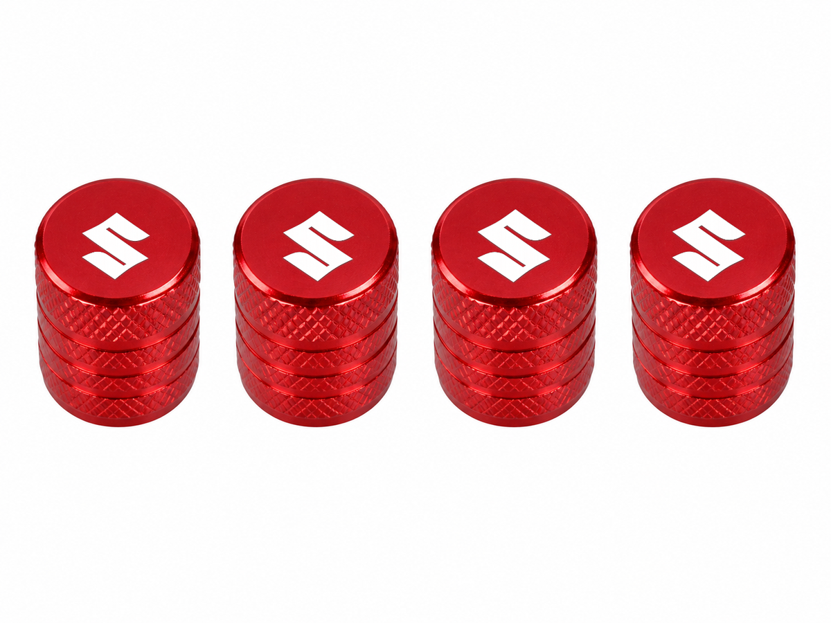 Set 4 Capacele Ventil Auto din Aluminiu cu Sigla Suzuki (Emblema Alba) - Rosu