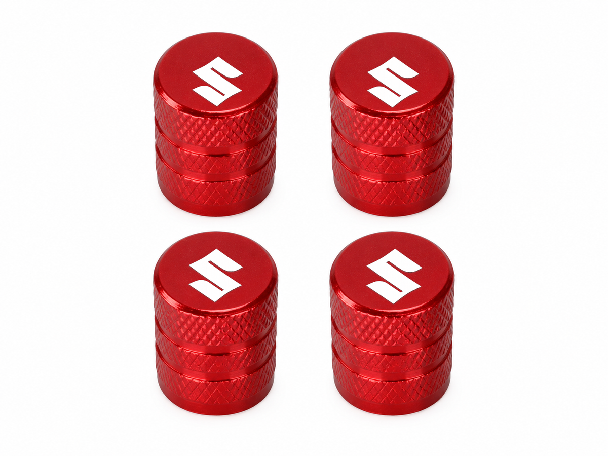 Set 4 Capacele Ventil Auto din Aluminiu cu Sigla Suzuki (Emblema Alba) - Rosu