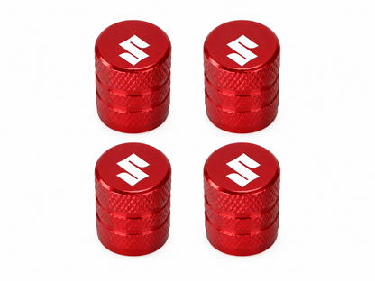 Set 4 Capacele Ventil Auto din Aluminiu cu Sigla Suzuki (Emblema Alba) - Rosu