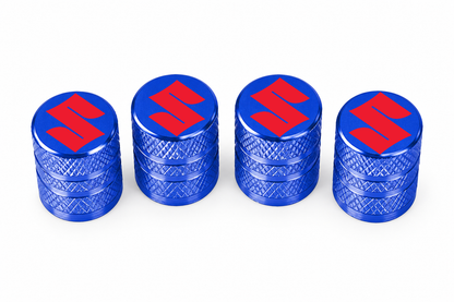 Set 4 Capacele Ventil Auto din Aluminiu cu Sigla Suzuki (Emblema Rosie) - Albastru