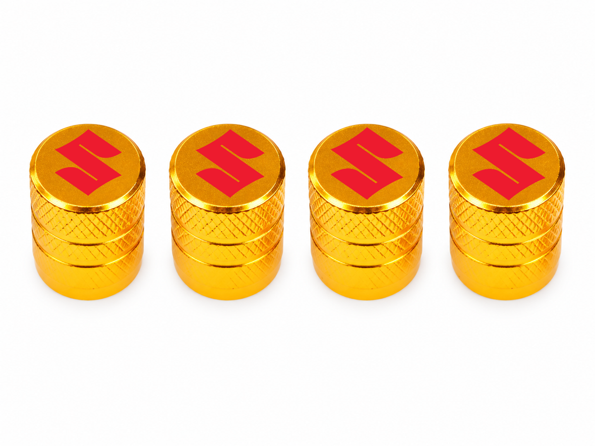 Set 4 Capacele Ventil Auto din Aluminiu cu Sigla Suzuki (Emblema Rosie) - Gold
