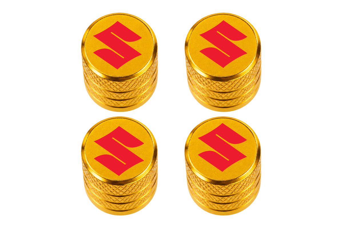 Set 4 Capacele Ventil Auto din Aluminiu cu Sigla Suzuki (Emblema Rosie) - Gold