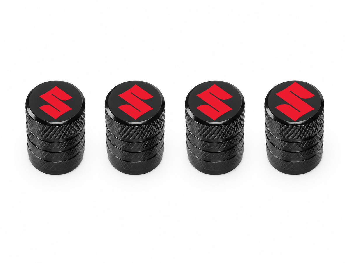 Set 4 Capacele Ventil Auto din Aluminiu cu Sigla Suzuki (Emblema Rosie) - Negru