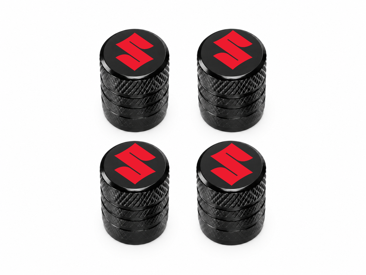 Set 4 Capacele Ventil Auto din Aluminiu cu Sigla Suzuki (Emblema Rosie) - Negru