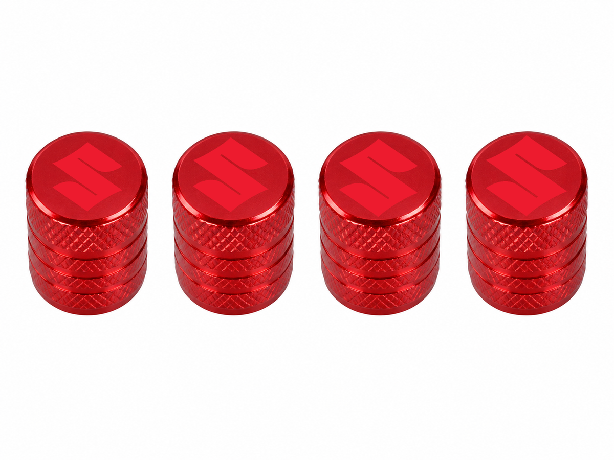 Set 4 Capacele Ventil Auto din Aluminiu cu Sigla Suzuki (Emblema Rosie) - Rosu