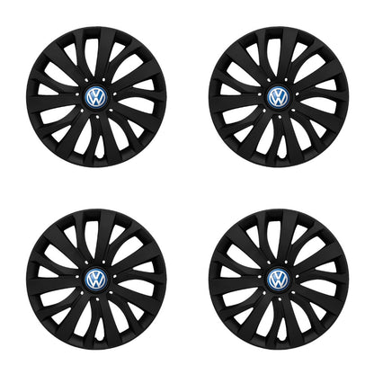 Set 4 capace roti potrivite jantelor de 15 inch compatibile Volkswagen, Model - 345 Black Edition, Sigla Albastra
