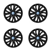 Set 4 capace roti potrivite jantelor de 15 inch compatibile Volkswagen, Model - 345 Black Edition, Sigla Albastra