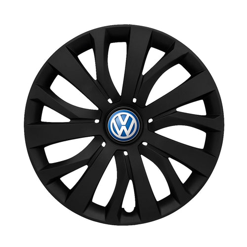 Set 4 capace roti potrivite jantelor de 16 inch compatibile Volkswagen, Model - 432 Black Edition, Sigla Albastra
