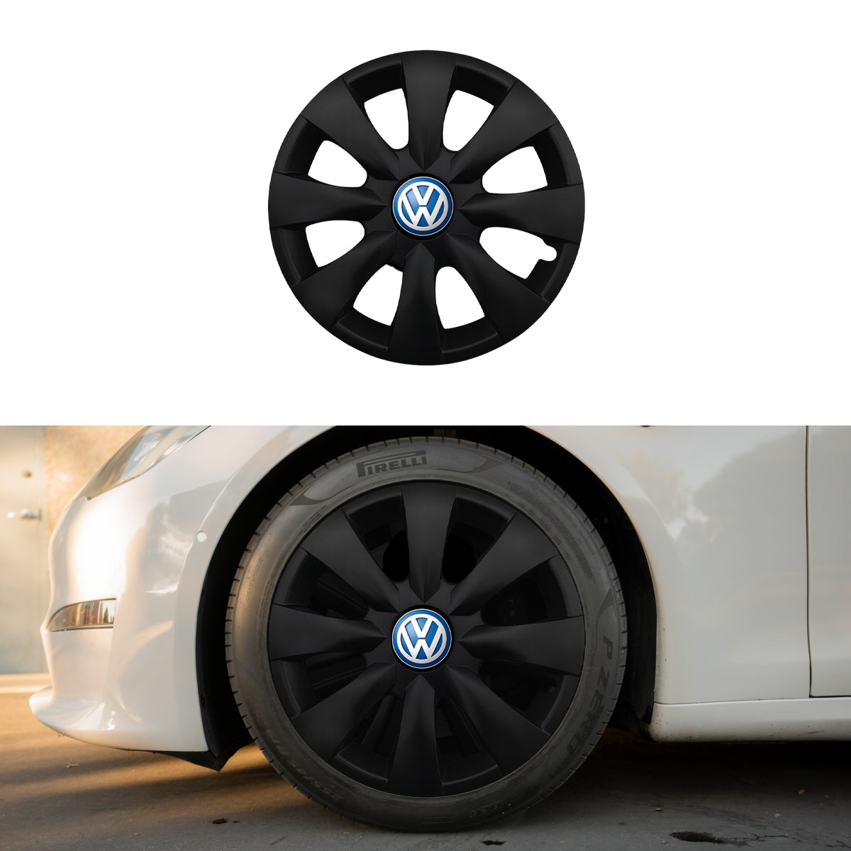 Set 4 capace roti potrivite jantelor de 15 inch compatibile VOLKSWAGEN, Model - 316 Black Edition, Sigla Albastra