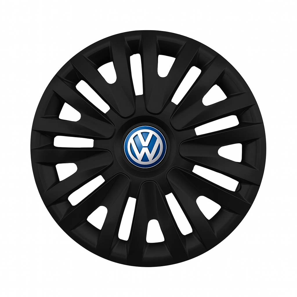 Set 4 capace roti potrivite jantelor de 16 inch compatibile Volkswagen, Model 412 Black, Sigla Albastra