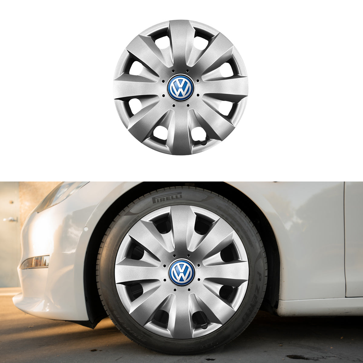 Set 4 capace roti potrivite jantelor de 15 inch compatibile gama VW Volkswagen, model - 321, Sigla Albastra
