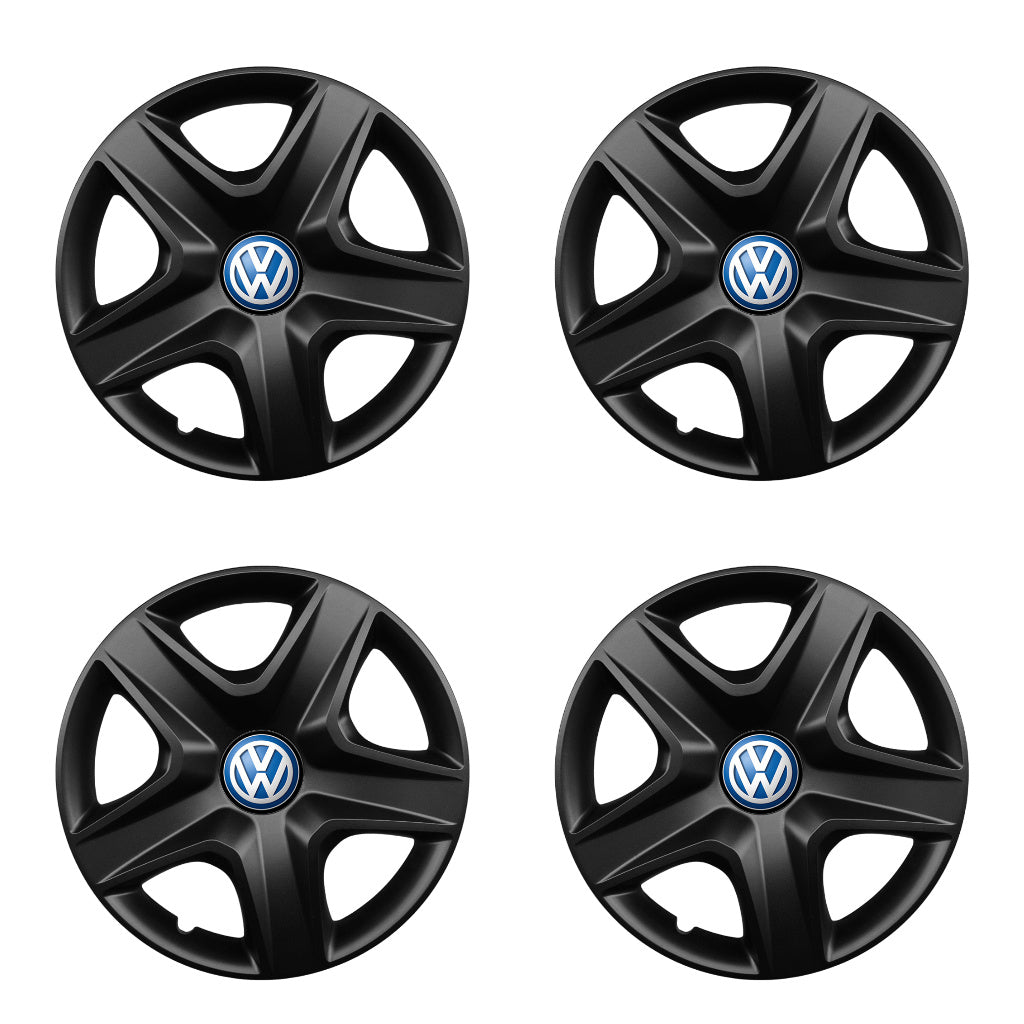 Set 4 capace roti potrivite jantelor de 15 inch compatibile VOLKSWAGEN, Model 340 Black, Sigla Albastra