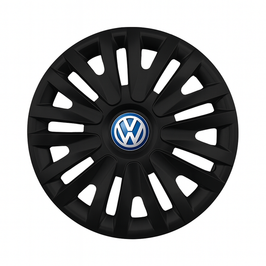 Set 4 capace roti potrivite jantelor de 14 inch compatibile Volkswagen, Model - 217 Black, Sigla Albastra