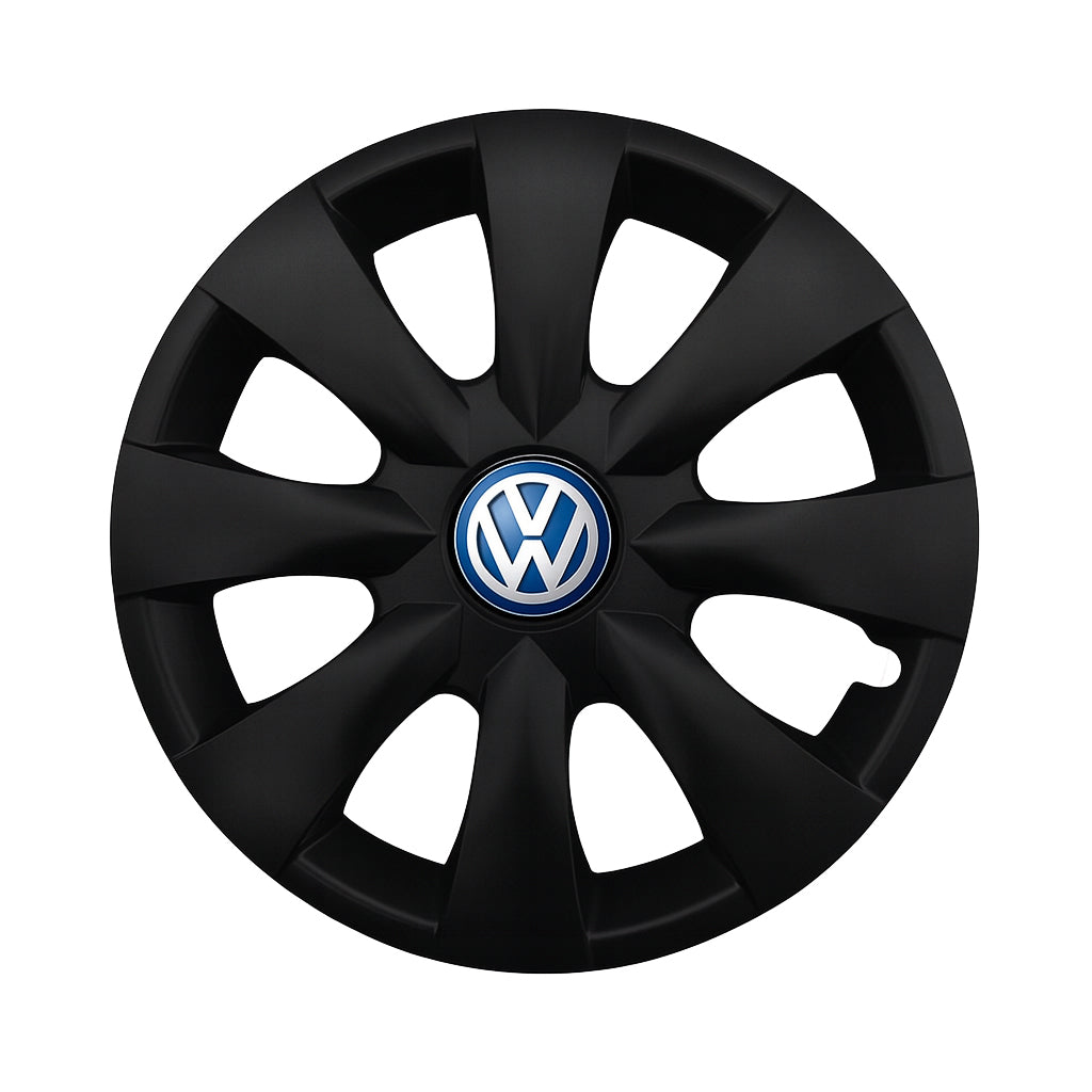 Set 4 capace roti potrivite jantelor de 15 inch compatibile VOLKSWAGEN, Model - 316 Black Edition, Sigla Albastra